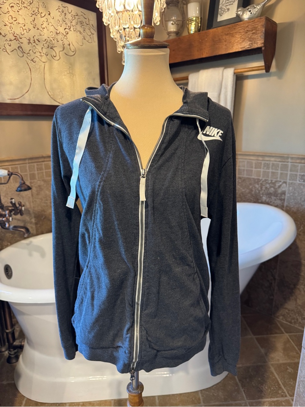 Nike Women's Dark CharcoalFull Zip Hoodie with White Drawstrings large